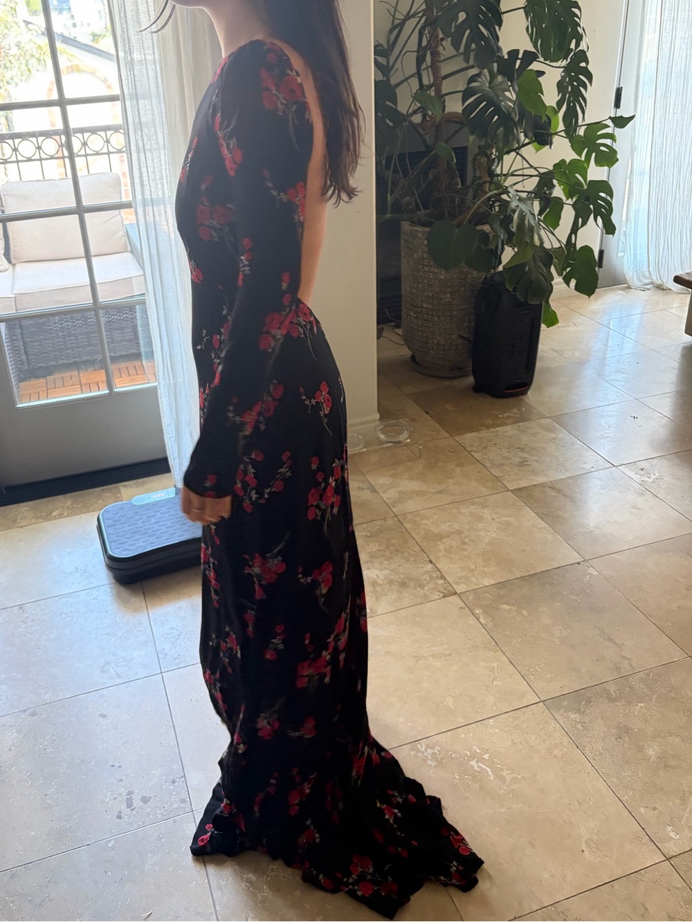 Reformation Floral Black & Red Backless Long sleeve Dress with Train